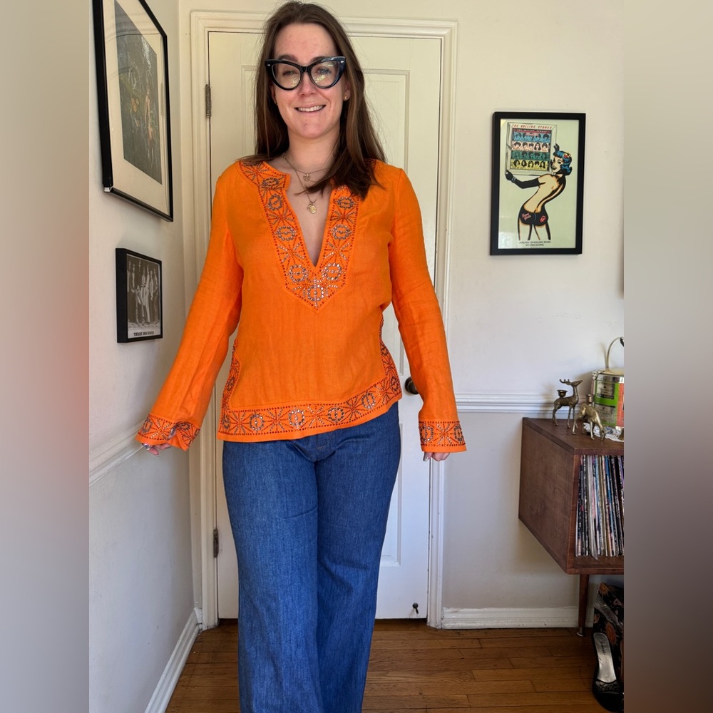 Tory Burch Orange Linen Tunic w Rhinestone Detailing - Picture 1 of 7